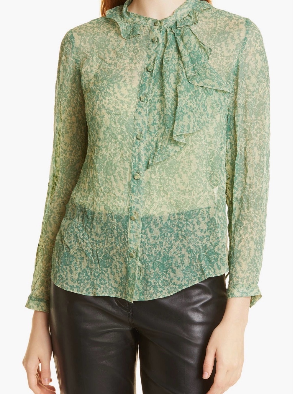 Rebecca Taylor Green Floral Ruffle-Trim Sheer Blouse Size M - Picture 2 of 5